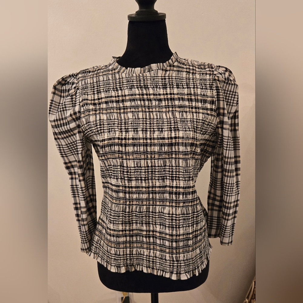 Ann Taylor Smocked Puff Sleeve Plaid Top Med Petite
